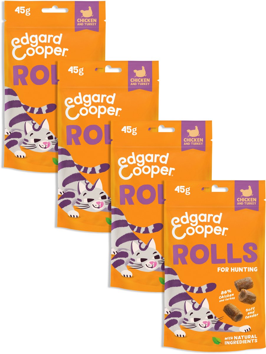 Edgard Cooper natuurlijke kattensnoepjes, Rolls Kip 4 x 45g, graanvrij en boordevol vers vlees, met toegevoegde kattenkruid om mee te spelen, natuurlijke ingrediënten zonder toegevoegde suiker