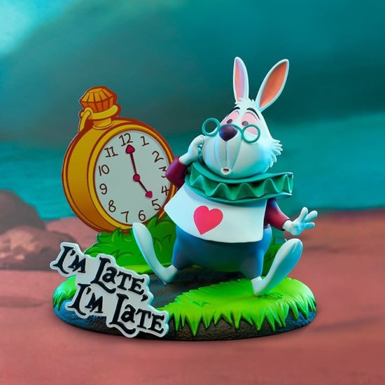 Witte konijn met bril en klok, met de tekst 'I'm Late, I'm Late'.