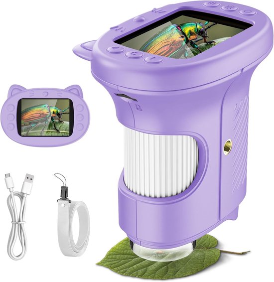 Microscope - Microscope Kinder - Microscope portable pour enfants - Microscope numérique 4K 1000x - Écran IPS 2,4 pouces - 8 LED- speelgoed scientifique et éducatif - 3-12 ans - Idée cadeau de Noël - Violet