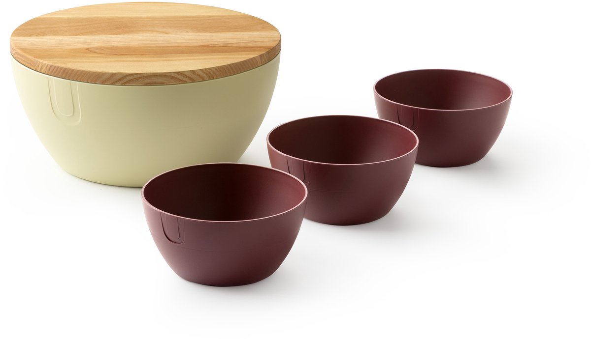 UBITE set – bio-based saladeschaal boter geel (XL - Ø 27) inclusief deksel/snijplank + set van 3 bio-based bowls burgundy rood (S - Ø 13) - saladeschaal/saladekom/kom/schaal/bakje/duurzaam