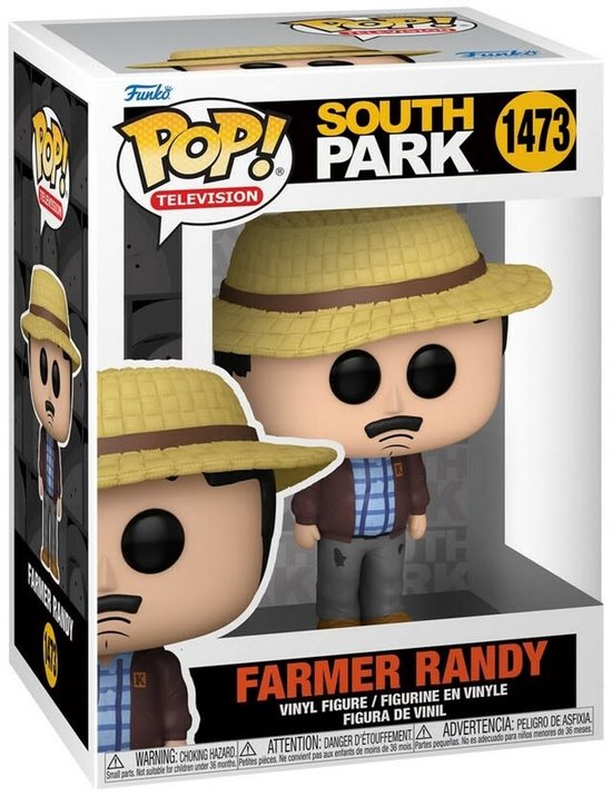 Funko Pop! doos met boer Randy Marsh uit South Park, nummer 1473, en de figuur zelf. De figuur draagt een strooien hoed.