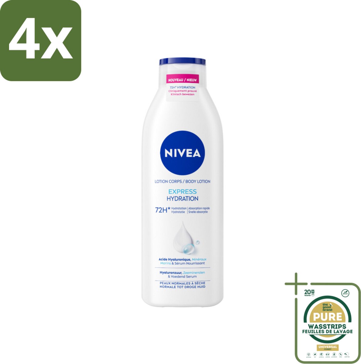 NIVEA – Bodylotion – Express – 250 ml - Voordeelverpakking - 4 stuks - Hyaluronzuur - Zeemineralen