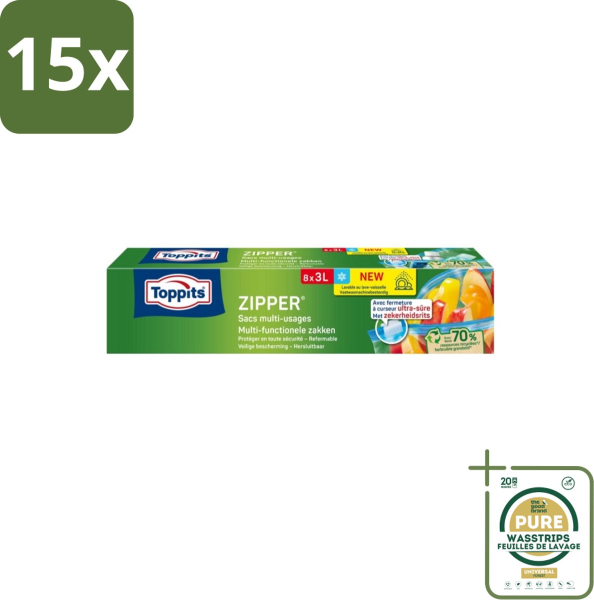 15 x Toppits – Zipper Multifunctionele Zakken – 3 Liter – 8 Zakjes - Grootverpakking - Koffiezetapparaat