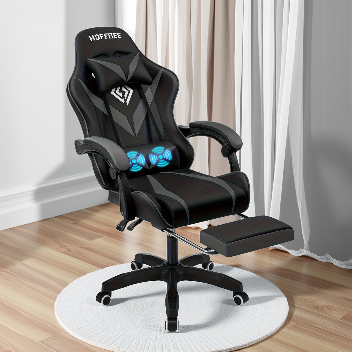 Gamingstoel bureaustoel met voetsteun, massage stoel in hoogte verstelbaar, tot 90 kg - Zwart+Grijs - Gamingstoel - €132,99