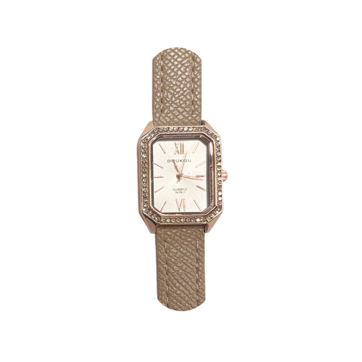 Doukou Strass Horloge - Beige | Kunstleer | Rechthoek | Fashion Favorite