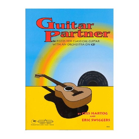 Boek 'Guitar Partner' met klassieke gitaar en regenboog, met "14 PIECES FOR CLASSICAL GUITAR WITH AN ORCHESTRA ON CD".