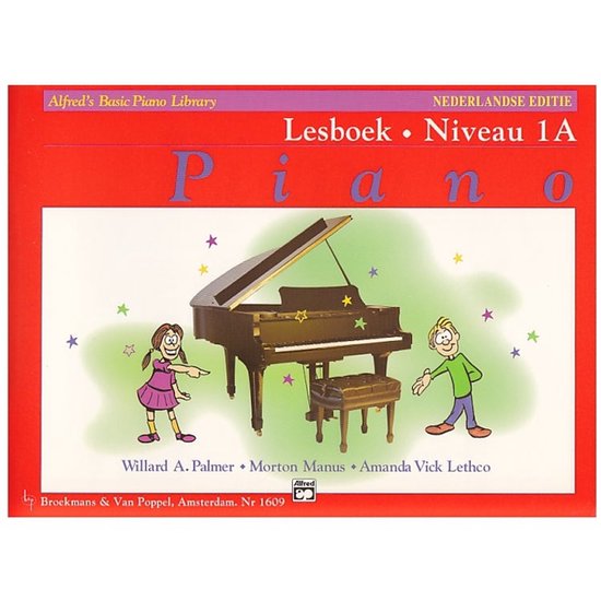 Omslag van Alfred's Basic Piano Library Lesboek Niveau 1A (Nederlandse Editie). Toont een piano, twee kinderen en sterren.