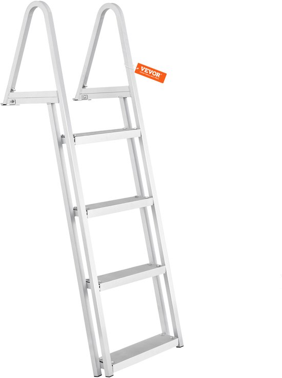 Vevor afneembare 4-treden steigerladder van geborsteld aluminium met gebogen handgrepen, geïsoleerd op witte achtergrond.