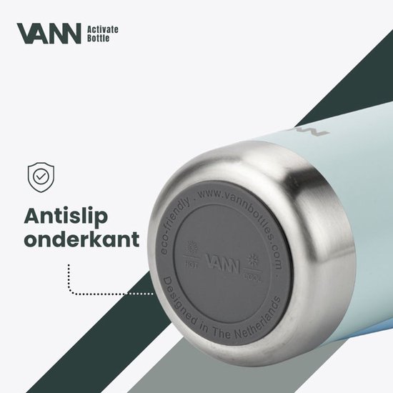 Onderkant van de lichtgroene VANN waterfles met antislip onderkant.
