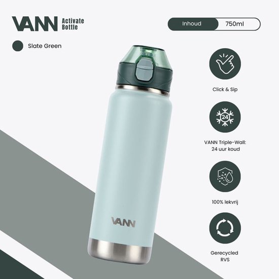 Lichtgroene VANN RVS waterfles met groene dop. Met icoontjes voor 'Click & Sip', 24 uur koud, 100% lekvrij en gerecycled RVS.
