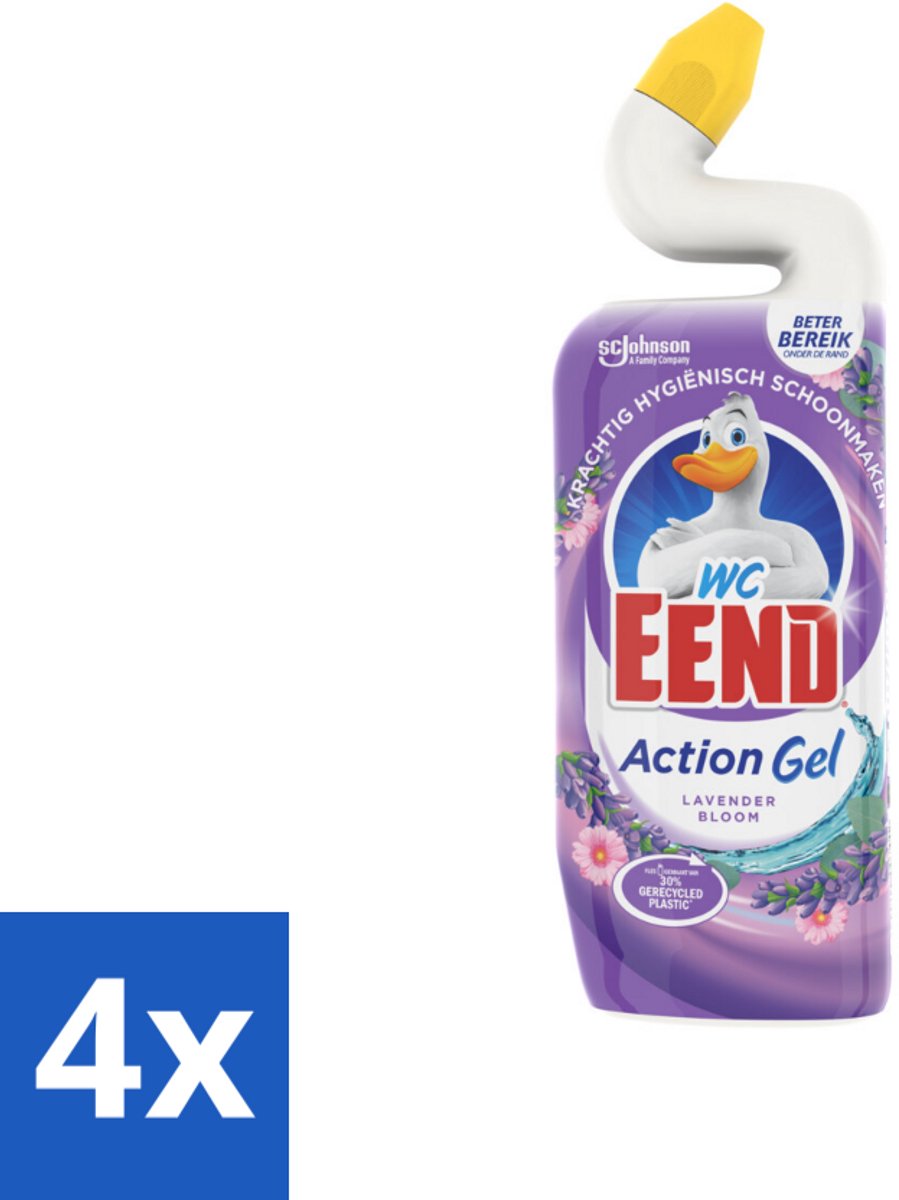 4 x WC Eend - Action Gel Lavender Bloom - Toiletreiniger - Fris & Krachtig - 750 ml - Toilet Schoonmaak - Toilet Reiniger - Lavendel Geur - Kalkaanslag Verwijderen - Toiletblokken