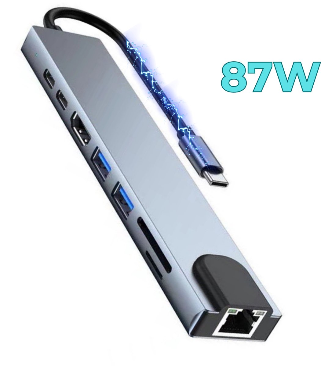 Eletrova 8-in-1 USB-C Hub - Docking Station - 1x 4K HDMI - 2x USB-C - 2X USB - 1x TF kaartlezer - 1x SD kaartlezer - 1x Ethernet - Geschikt voor Macbook Pro/Air & Windows