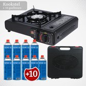 Zwarte draagbare gasbrander met 10 gasflessen en een zwarte draagtas.