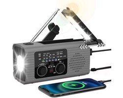 Emergency Radio 4000, 4000 mAh solar-powered hand-cranked FM/AM radio, equipped with a mobile phone charger, LED flashlight, reading lamp, distress alarm, indoor/outdoor emergency earphone jack, and USB charging function