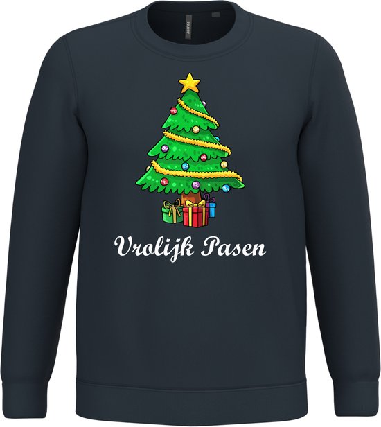 Navy sweater met kerstboom en de tekst "Vrolijk Pasen".