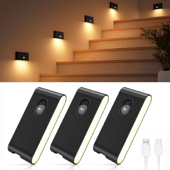 Sounix Kastverlichting Draadloos - Draadloze ledlamp met Bewegingsensor - Set van 3 stuks - Warm Wit - Magnetische Montage - Zwart