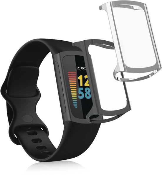 kwmobile 2x smartwatch hoes geschikt voor Fitbit Charge 6 / Charge 5 hoesje - Siliconen sporthorloge cover - Activity tracker case in zilver / donkergrijs