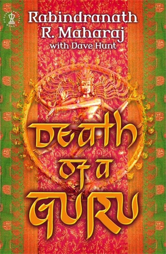 Boek 'Death of a Guru' met een afbeelding van een dansende godheid in een gouden cirkel, met rode en groene achtergrond.