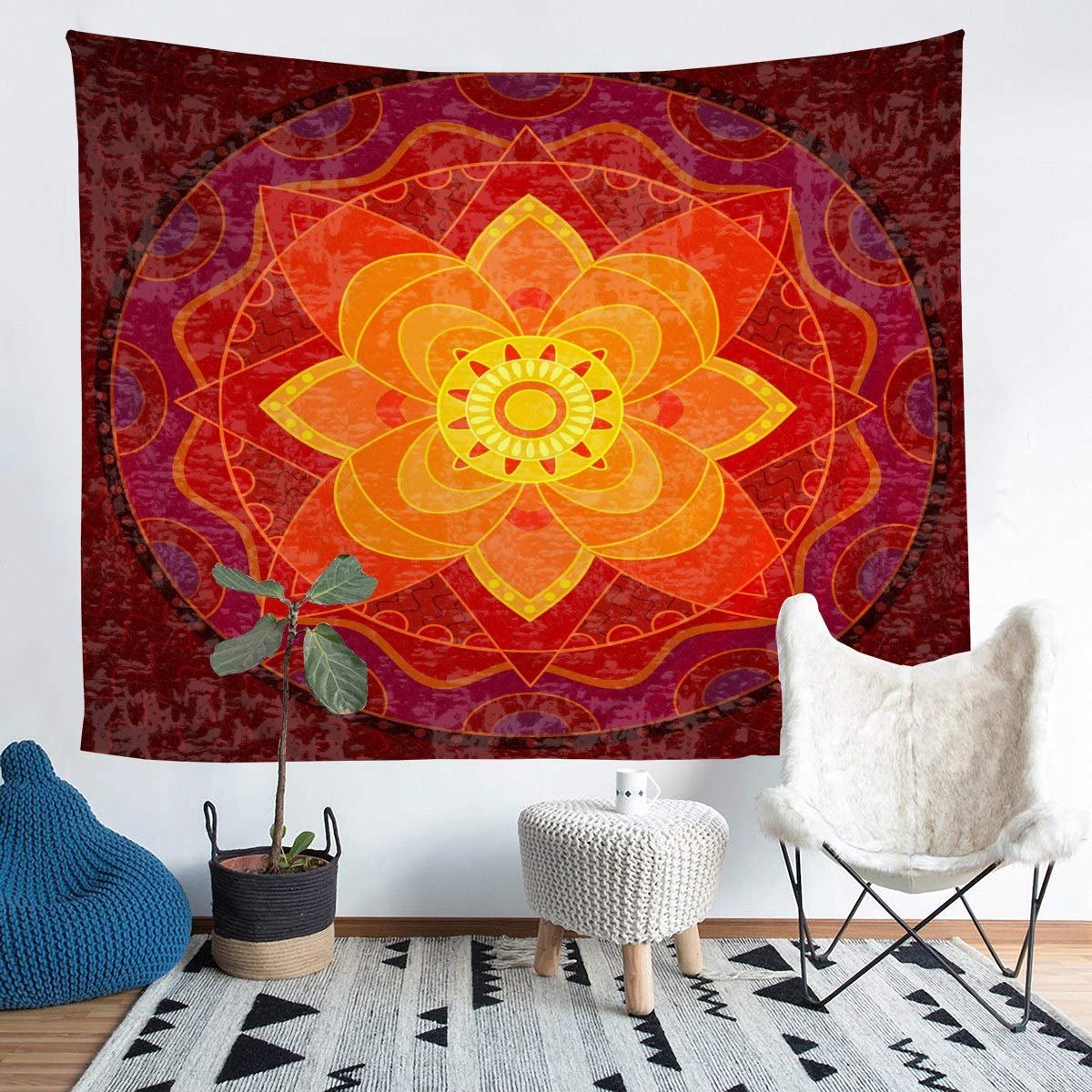 Unyqoos Rood bohemian wandtapijt met exotische bloemenprint voor interieurdecoratie Meerkleurig