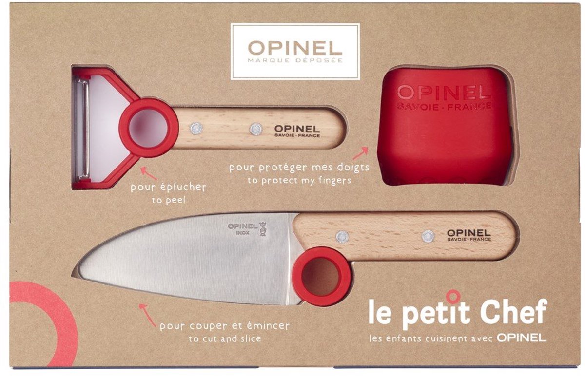 Opinel Le Petit Chef Kinderkeukensetje Rood - 3-delig - Koksmes, Vingerbeschermer en Dunschiller
