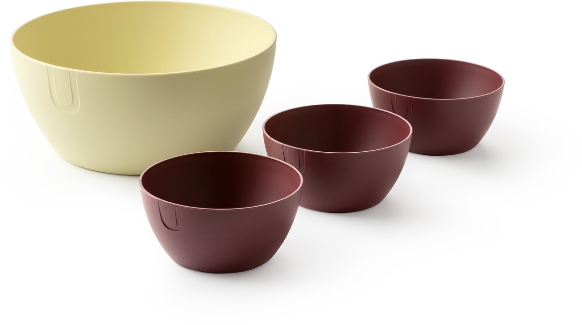 UBITE set – bio-based saladeschaal boter geel (XL - Ø 27) + set van 3 bio-based bowls burgundy rood (S - Ø 13) - saladeschaal/saladekom/kom/schaal/bakje/duurzaam