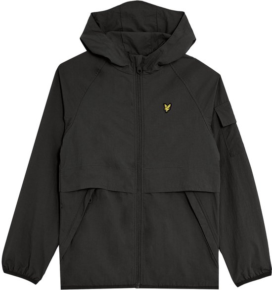 Veste Lyle & Scott gris foncé à capuche, avec application jaune sur la poitrine et fermeture éclair.