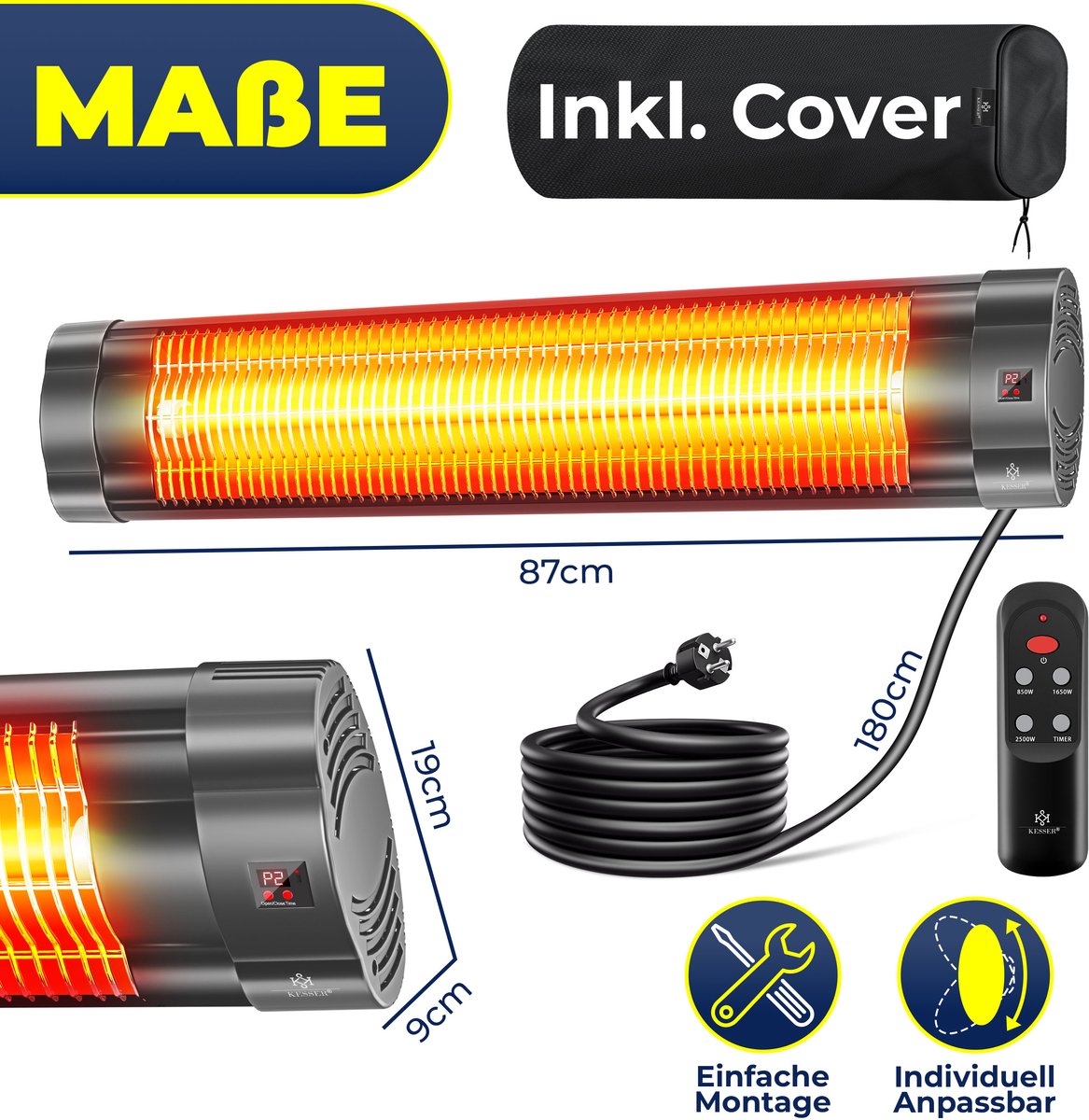 KESSER Terrasverwarmer Elektrisch 2500 W Wandmontage - Infrarood Heater voor Binnen en Buiten met 3 Warmtestanden - Antraciet – foto 2