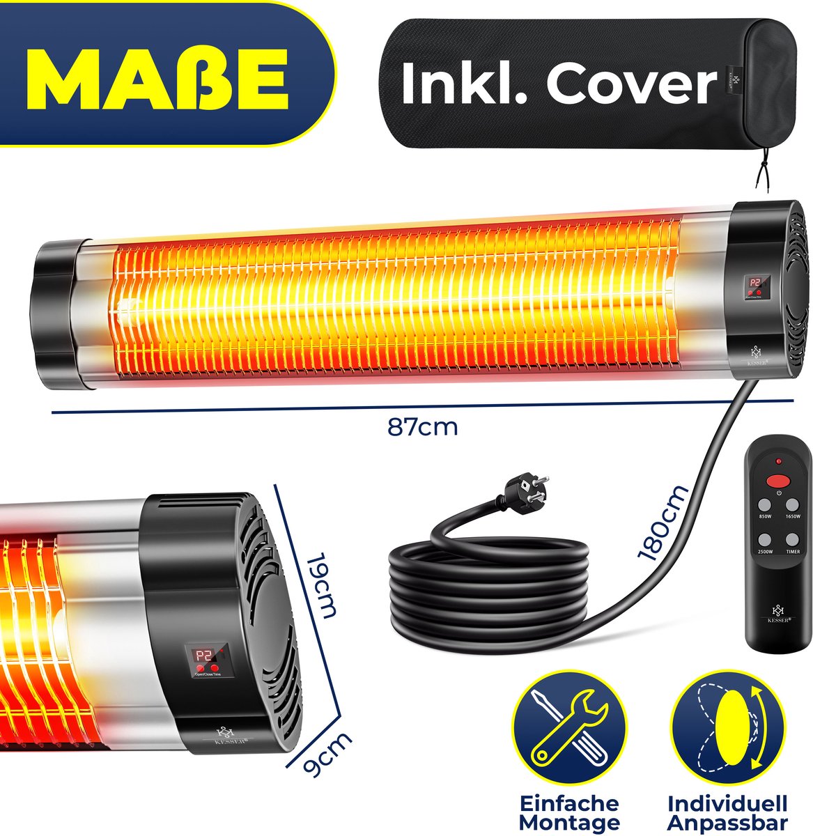 KESSER Terrasverwarmer Elektrisch 2500 W Wandmontage - Infrarood Heater voor Buiten met Afstandsbediening en Hoes, 3 Warmtestanden - Zilver/Zwart – foto 6