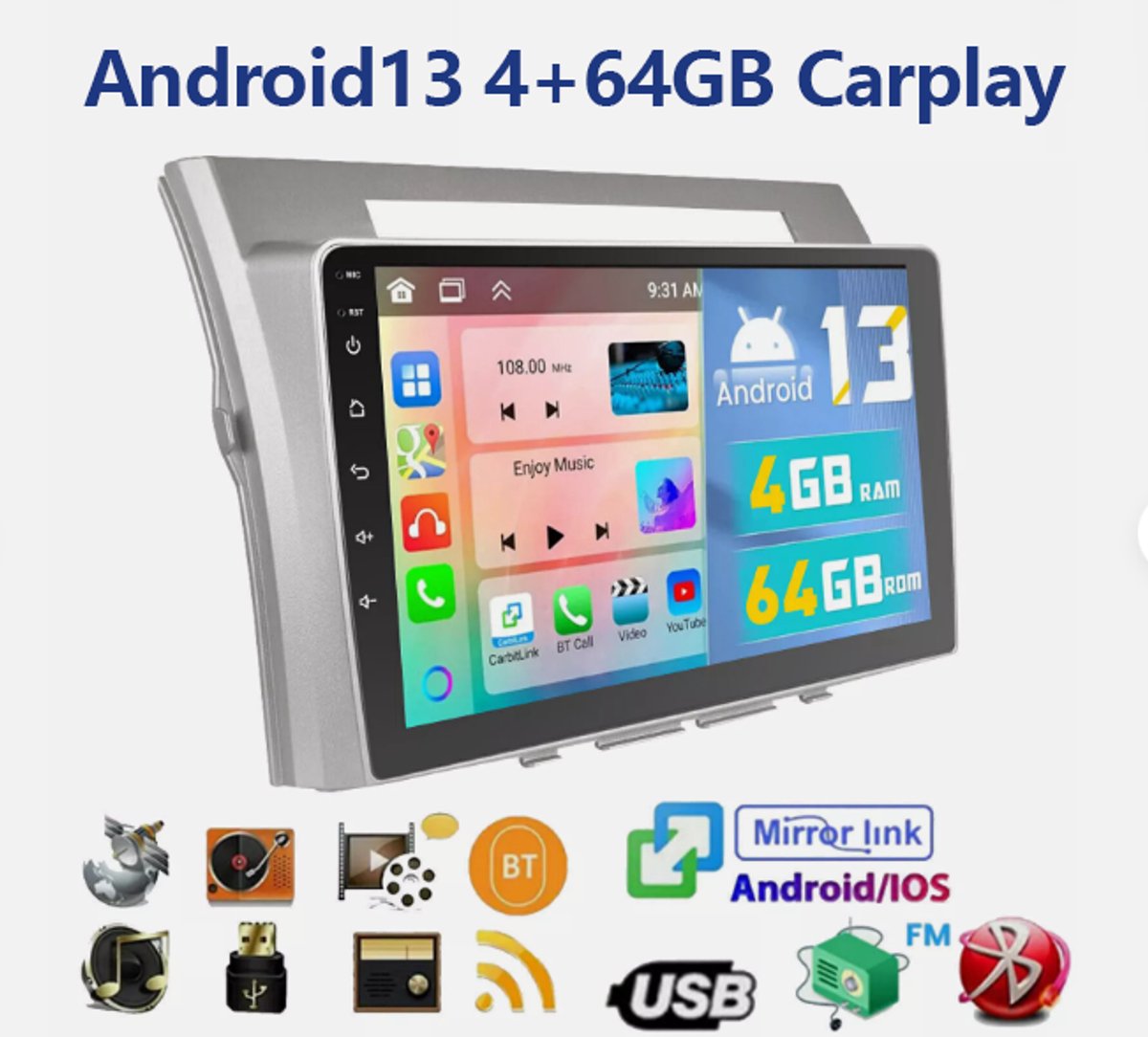 9 Inch Auto Radio Android 14 Met Compatible Carplay GPS Voor Verso 2003-2009 4GB+64GB Bluetooth AHD Camera SWC Aftermarket