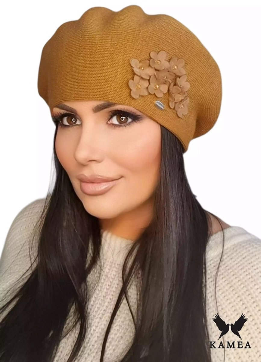 ARIZONA dames baret met bloemen en hoge steel - mosterdgeel