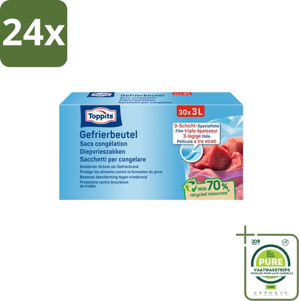 Toppits – Diepvrieszakjes – 3 Liter – 30 Zakjes - Voordeelverpakking - 24 stuks - Diepvrieszak 3 l - Diepvrieszak