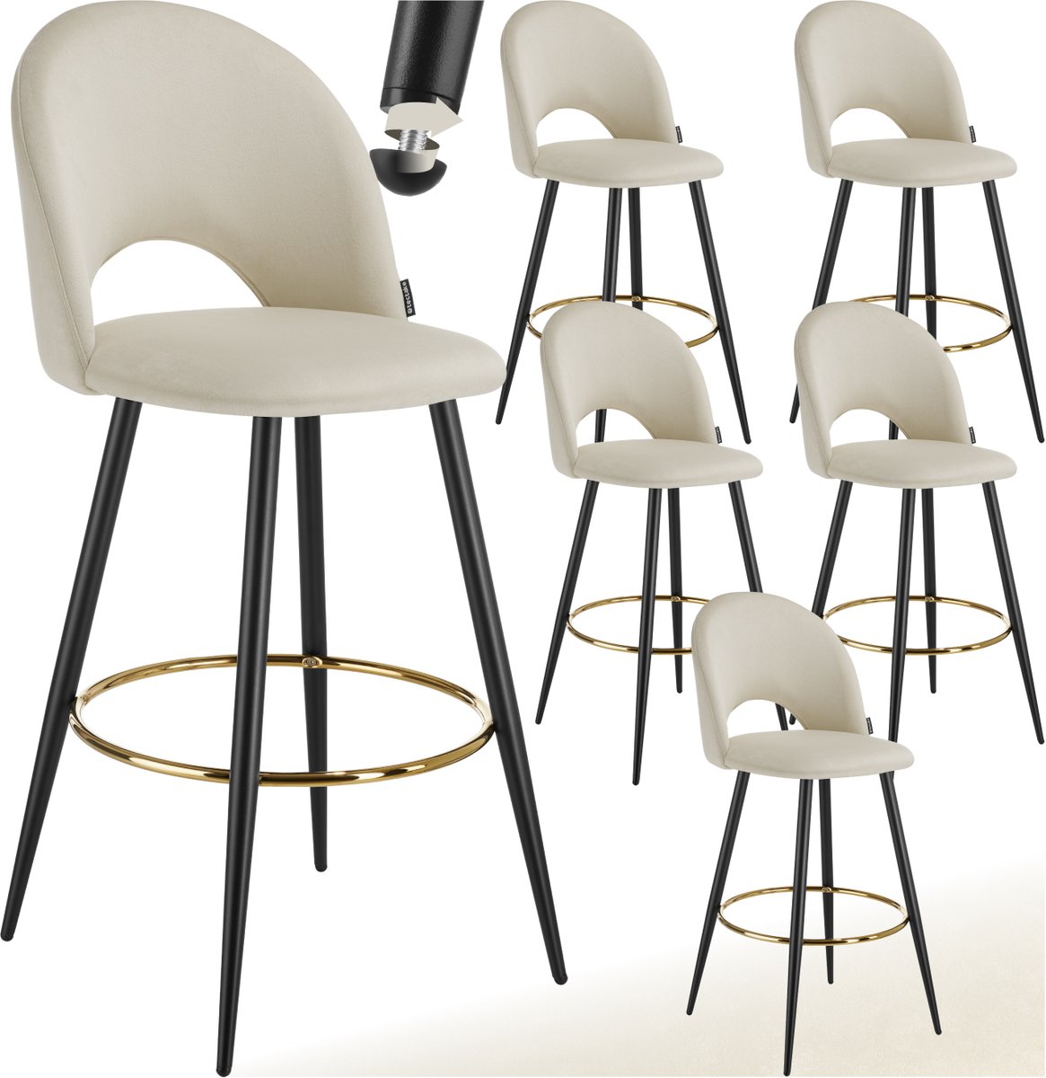 Tectake Set van 6 Barkrukken Sachel - Gestoffeerde Barkruk met rugleuning - Barstoelen - Ergonomische Barstoel met voetensteun - Eetkamerstoel met fluweellook bekleding - Stevige stalen poten met antislip vloerbescherming - Crème/Zwart
