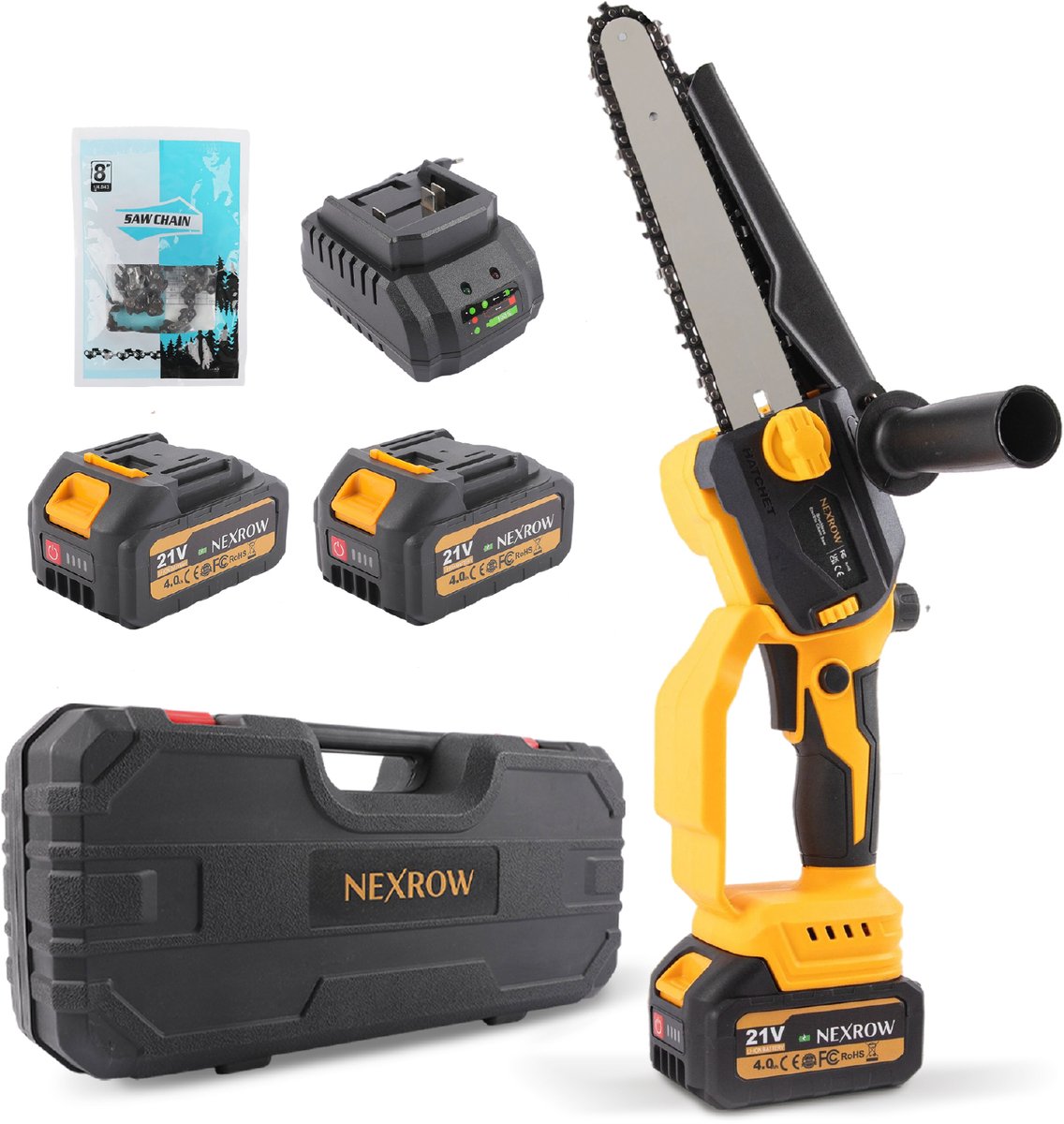 NEXROW® Mini Kettingzaag – Elektrische Snoeizaag – 6 & 8 Inch Zaagblad – 2x 4000 mAh Accu – Inclusief Oplaadstation & Schuimkoffer – Brushless Motor – Automatische Kettingsmering – Veiligheidskettingrem