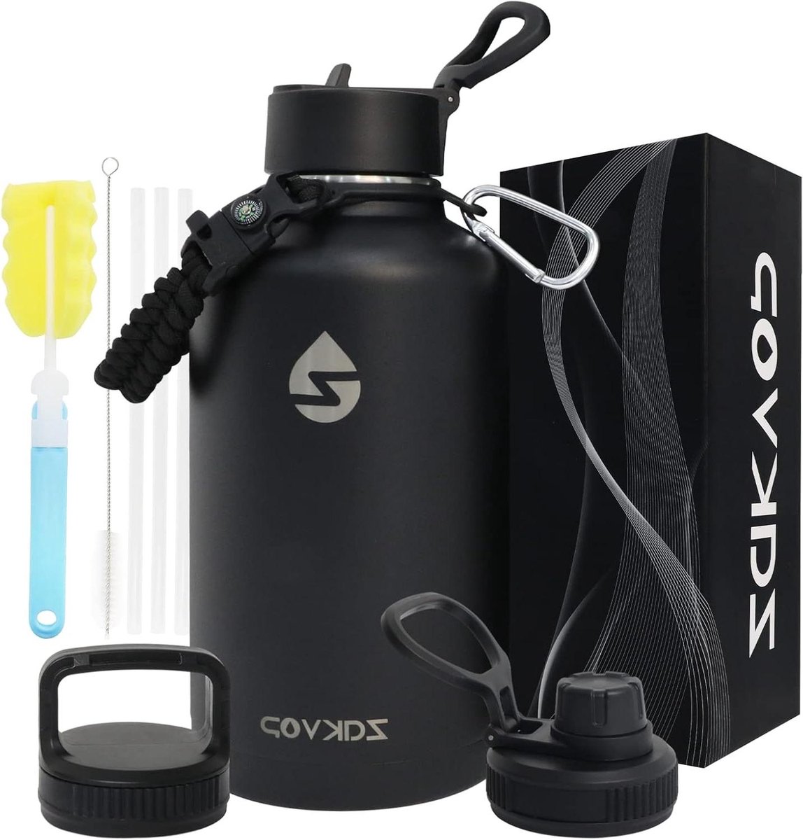 Provento - Geïsoleerde waterfles met rietjes, 3 deksels en paracord-handvat, roestvrijstalen drinkfles voor sport, wandelen, kamperen.