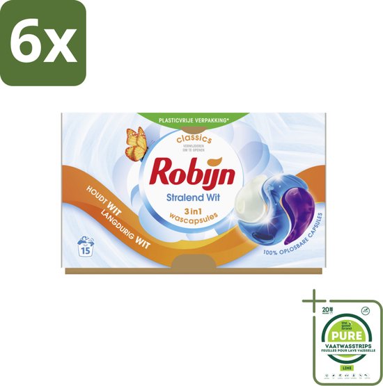 Robijn - 3-in-1 Stralend Wit - Wascapsules - 15 Wasbeurten - Voordeelverpakking - 6 stuks - Witte was - Wascapsules