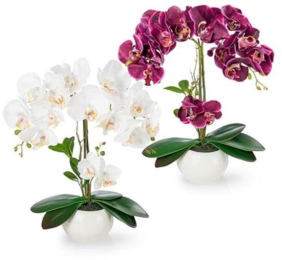 Set van 2 kunstorchideeën in hoogglans keramische potten (40 cm) - Real Touch kunstbloemen voor interieurdecoratie