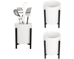 Set van 3 Keramische Bestekhouders Wit met Zwarte Metalen Standaard – Tafelorganizer voor Keuken en Feesten