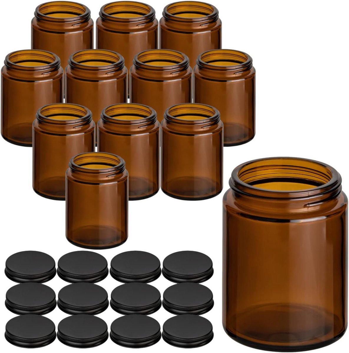 Set van 12 Amberkleurige Glazen Crèmepotten 150 ml met Zwarte Schroefdop