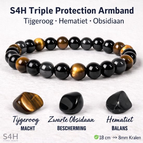 Bracelet triple Protection S4H en œil de tigre, hématite et Obsidian , perles de 8 mm, taille 18 cm
