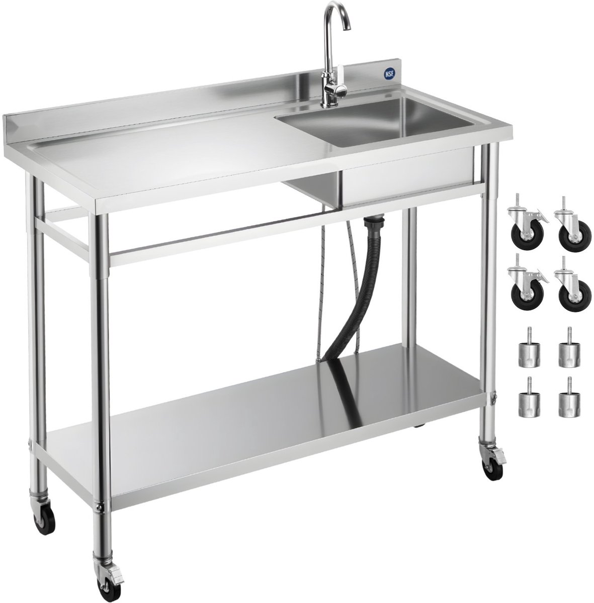 RVS spoeltafel - Vrijstaand - Enkele spoelbak - Met kraan - Verrijdbaar op wielen - Werkblad links - Afmeting 120 x 50 x 105,5 cm
