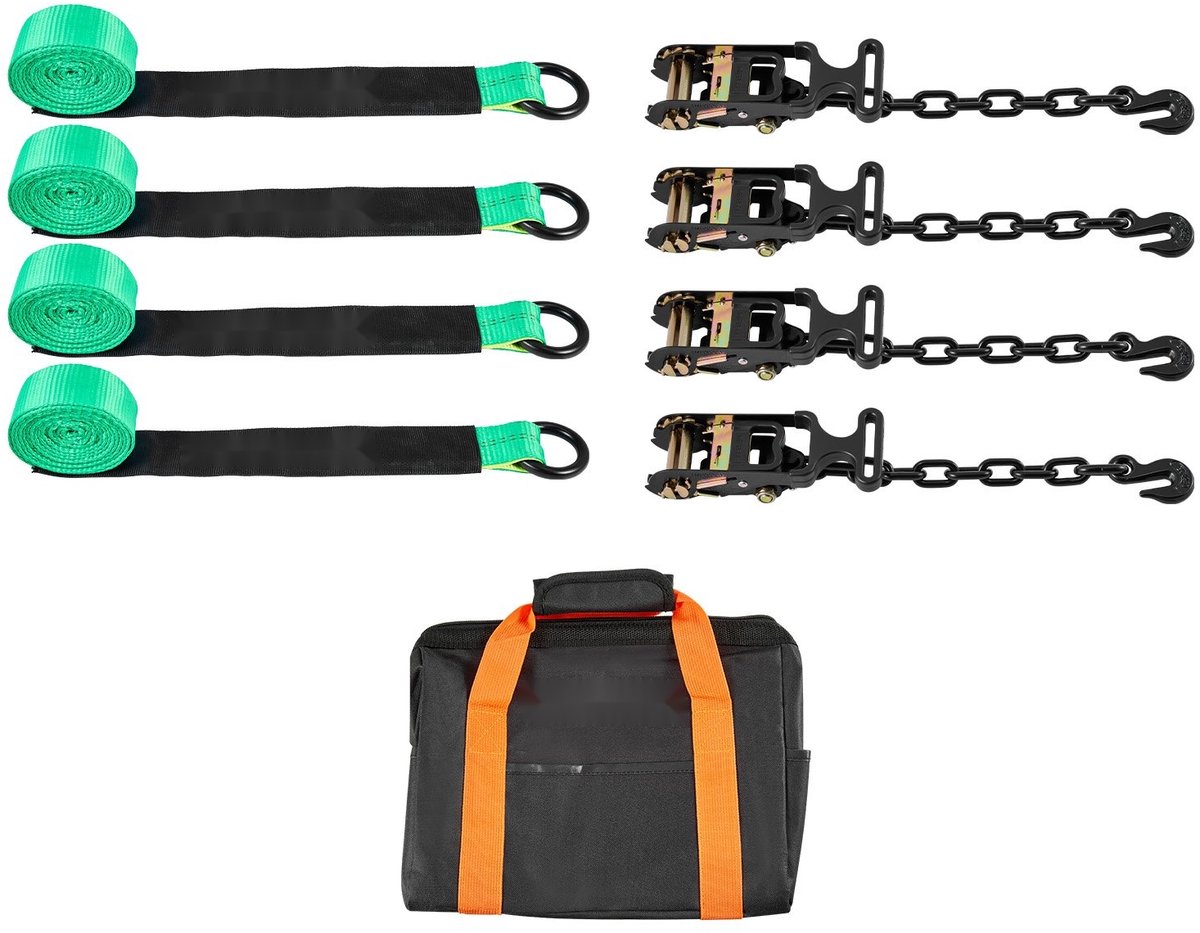 Wielbevestigingsriemenset - Bandenriem/Spanband - Met Robuuste Haken en O-ring - 5,08 cm x 3,048 m - Treksterkte 4540 kg - Draagvermogen 1512 kg - Voor Motorfiets en Auto