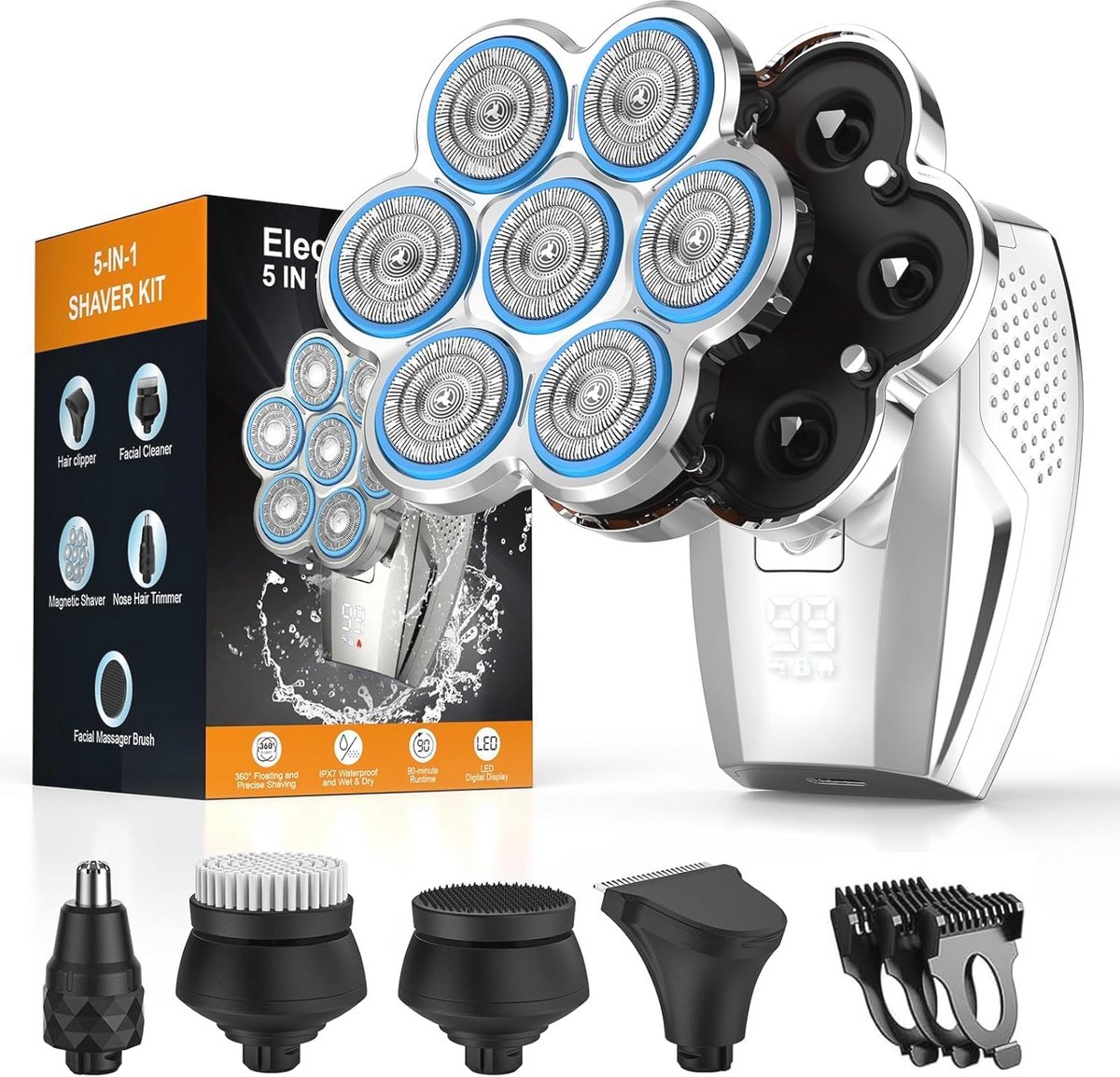 Hoofdscheerapparaat voor mannen met 7D techniek - Waterdicht en LED-display - 5 in 1 Grooming set