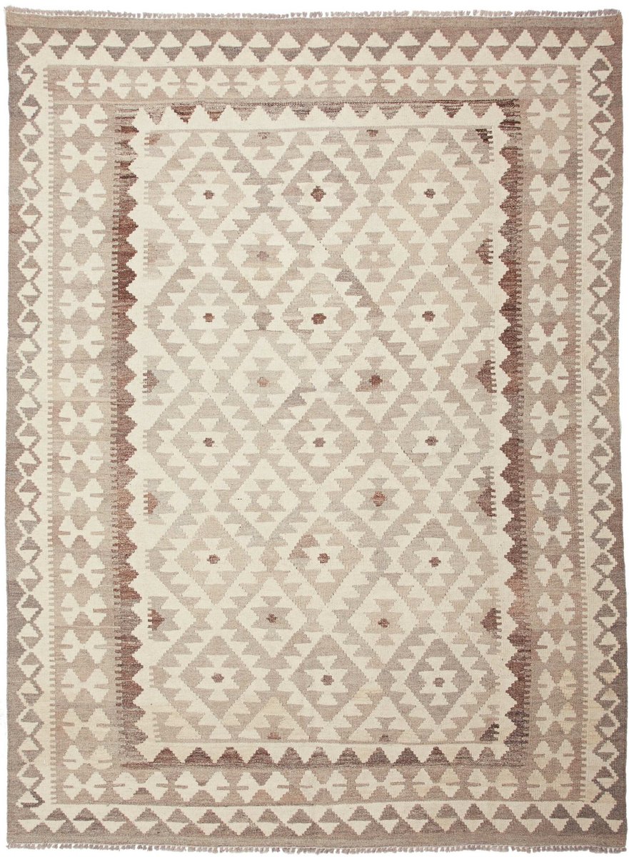 kelim vloerkleed van wol – Plat geweven – Beige & taupe geometrisch patroon