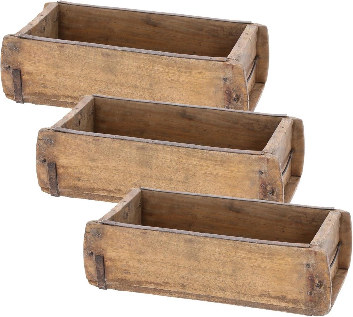 Set van 3 Houten Kisten in Vintage Baksteenmodel voor Decoratie en Opslag