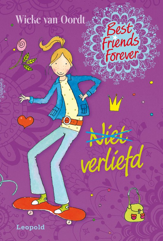 Boek 'Best Friends Forever - Niet verliefd' met een meisje op een skateboard, zittend op een paarse achtergrond.