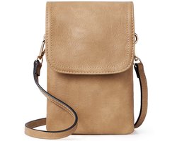 Kleine crossbodytassen voor dames, tas voor mobiele telefoon, tas van PU-leer voor dames, modieuze effen portemonnee met verstelbare schouderband, Kameel