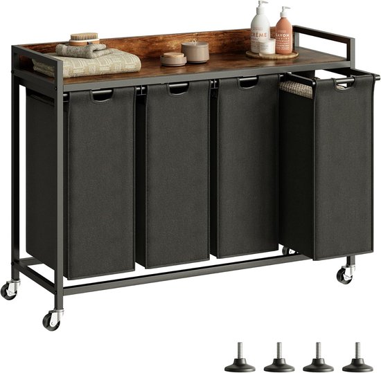 AMBIAVO® Panier à linge à 3 compartiments beige - Panier à linge avec étagère, 90 l - Trieur à linge en bambou et bac à linge sale - Système de tri du