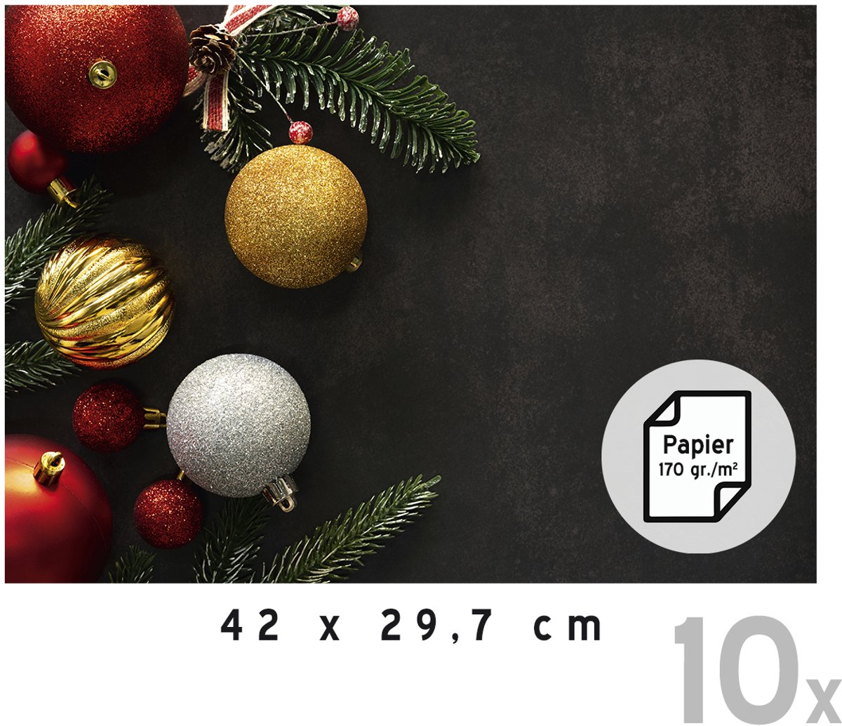 Placemats Kerst Deluxe (10x) | 42 x 29,7 cm | Kerstdecoratie | Onderlegger | Papier 170 gr./m² | Kerstavond | Eettafel | Tafeldecoratie | Zwart | Placemat | Stijlvol | Rechthoek | 10 stuks