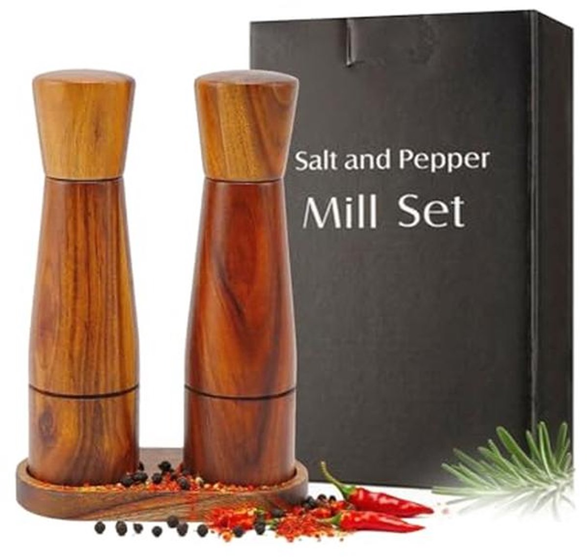 Set van 2 Houten Zout- en Pepermolens van 20 cm met Verstelbare Grofheid