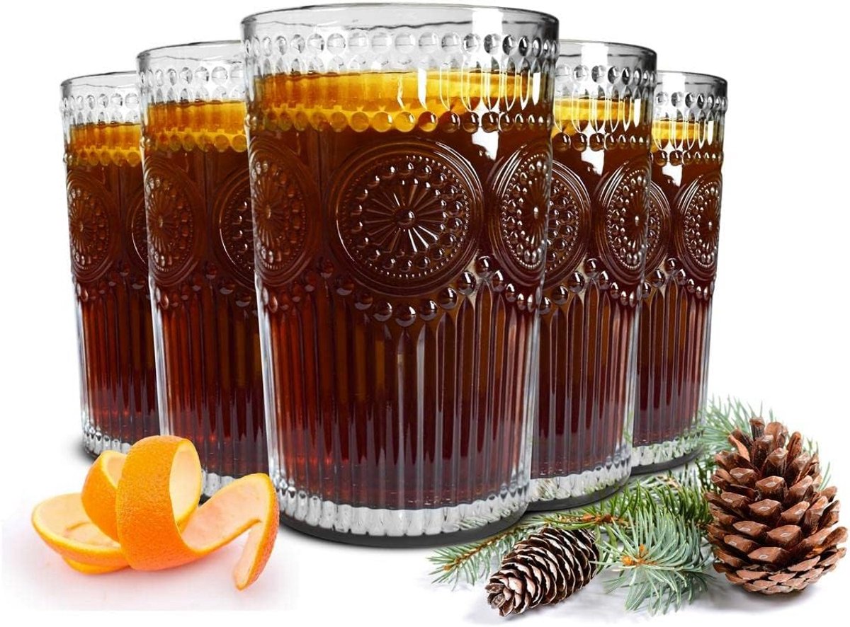 Set van 6 lange drinkglazen 340 ml met reliëf design